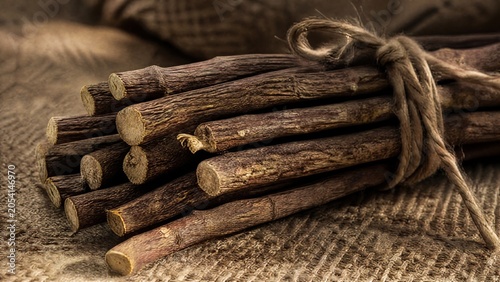 Bundle of dried licorice roots on burlap fabric, textural detail. 