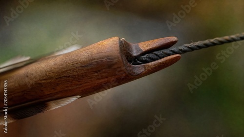Arrow nock fitted on bowstring, carved groove and wood grain in soft light. 