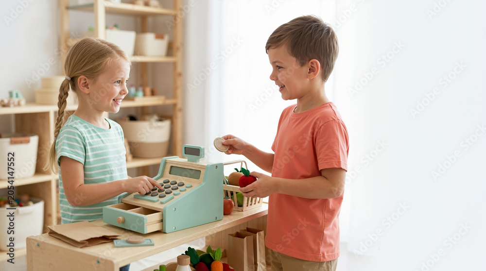 Obraz premium Children playing pretend grocery store with a wooden toy cash register. Little girl acting as cashier while a boy pays with a toy coin for an apple. Educational roleplay and childhood imagination