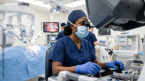 Female surgeon operating a robotic surgery console in a modern high-tech operating room. Advanced medical technology and medicine of the future