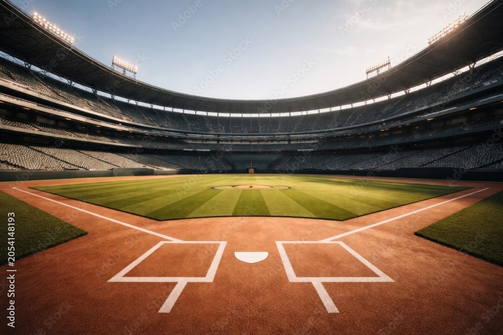 Obraz premium Empty baseball stadium at sunset.