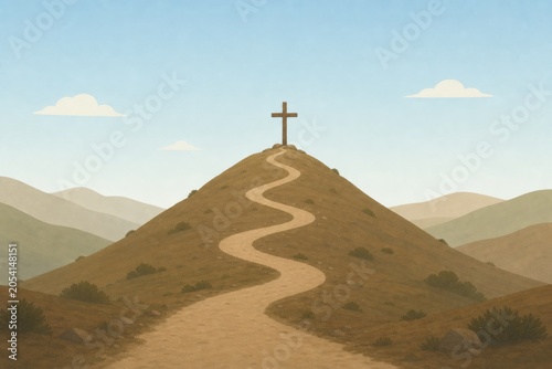 Winding path leading to a wooden cross on top of a hill under a clear blue sky representing a spiritual journey of faith and religious devotion in a peaceful landscape