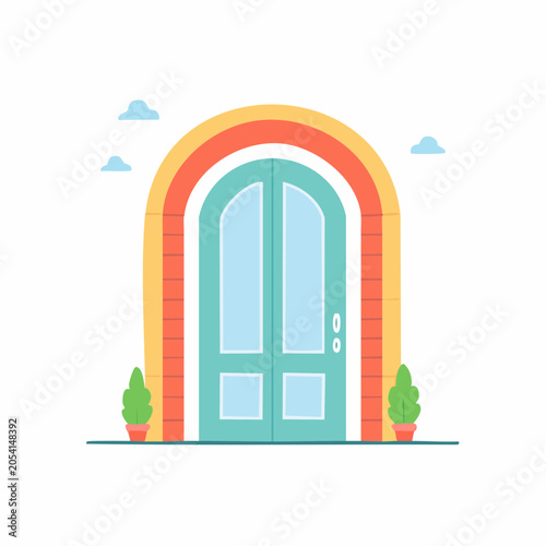 Archway with Double Doors and Potted Plants