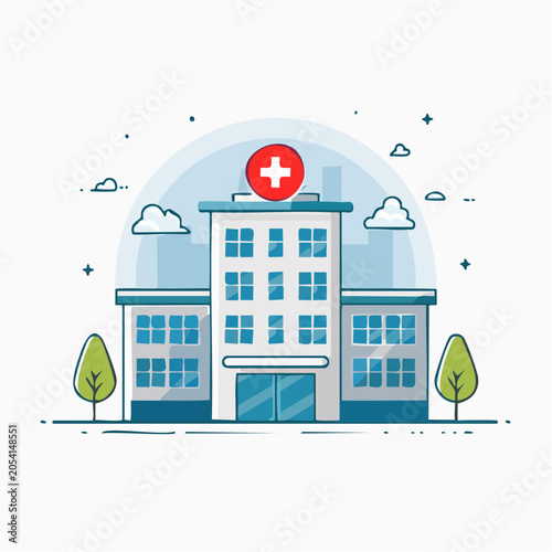 Flat illustration of a modern hospital building with a red cross symbol