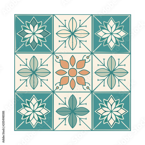 Geometric floral pattern with blue green orange
