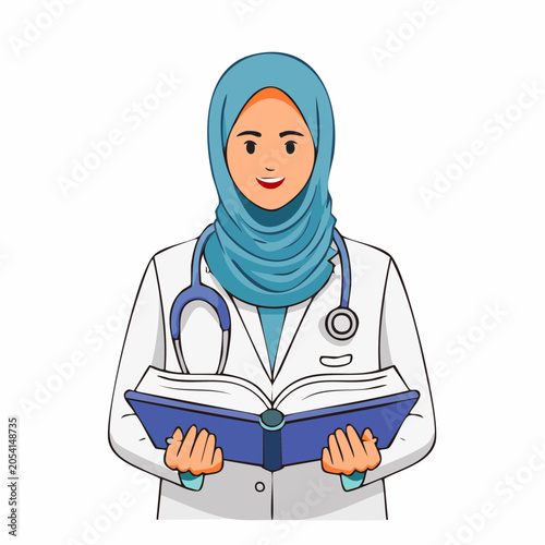 Muslim Female Doctor Wearing Hijab Holding Open Book