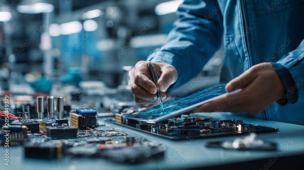 Fototapeta premium Technician Testing Internal Components of Tablet Device with Tools and Digital Screen in Laboratory Environment