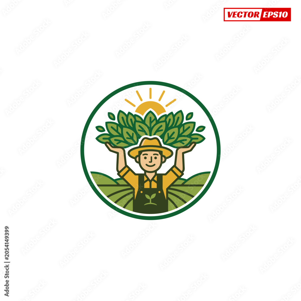 Fototapeta premium Farmer Holding Fresh Green Leaves Above Head Symbolizing Growth.