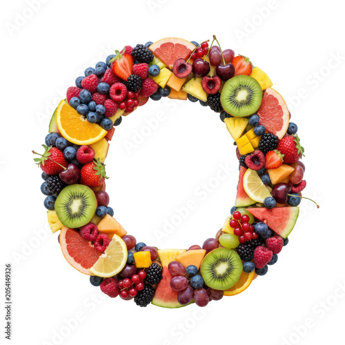 Upscaled creative collage of fresh fruits and berries forming the letter O