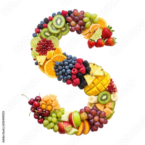 Upscaled creative collage of fresh fruits and berries forming the letter S