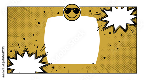 A comic-style photo frame template with smiley face and speech bubbles.