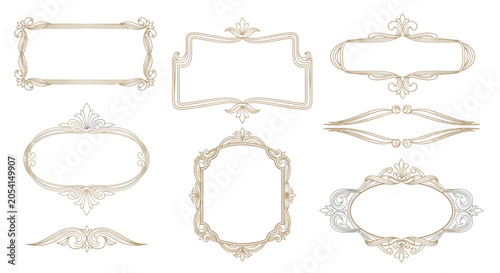 Set of Elegant Vintage Gold Tone Decorative Frames and Scrolls on an Isolated White Background