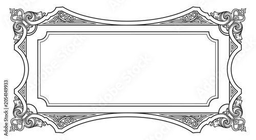 Detailed Vintage Rectangle Frame with Ornate Corner Scrolls and Elegant Borders on an Isolated White Background