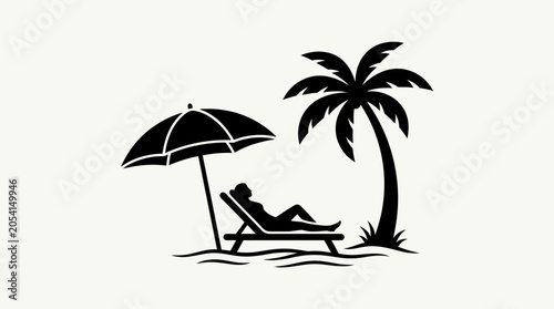 A minimalist flat vector silhouette illustration of a tropical beach relaxation scene.