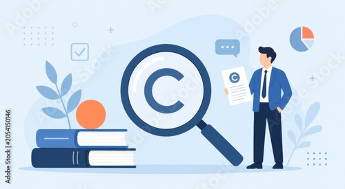 Businessman holding copyright document with magnifying glass and books representing intellectual property protection, legal authorship rights, and patent law concepts in flat vector style