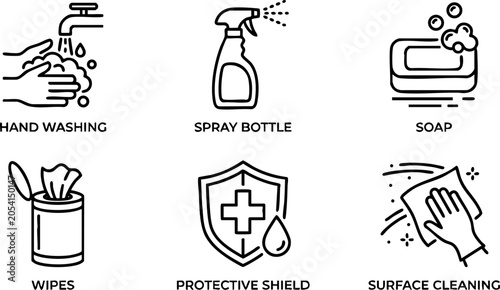 Valokuva Hygiene and personal sanitization routine icon set with sanitization cleaning pr