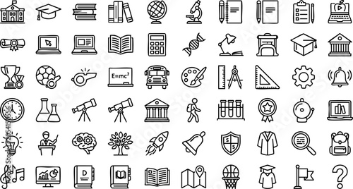 Set of education and school subject outline icons for academic learning and knowledge concepts with education
