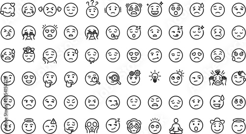Large set of various facial expression emoticons showing different human emotions with emotions, emoticons
