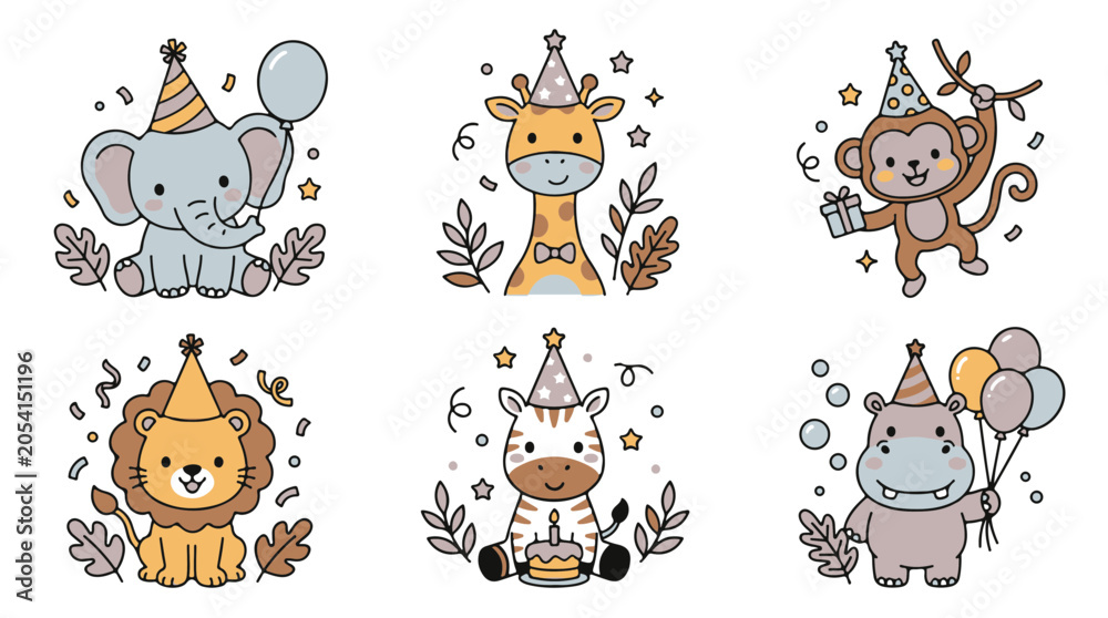 Fototapeta premium Animals Safari Birthday Party Illustration Set Cute Jungle Baby Wildlife Characters Perfect for Childrens Celebrations and Sweet Designs