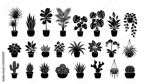 Φωτογραφία Large potted plant silhouette vector collection with decorative botanical elemen