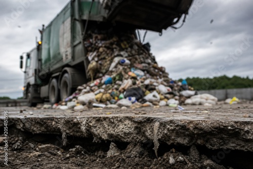 A green garbage truck unloading household waste at a large landfill site during a cloudy day to highlight environmental issues and waste management processes