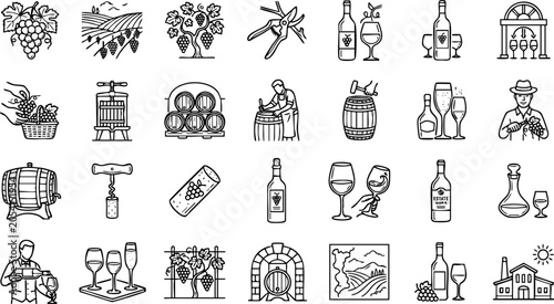 Detailed wine industry and viticulture line art icon set for production and dining with industry, viticulture