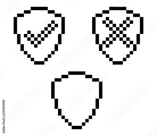 A set of 3 linear pixel art pieces featuring shields. A variant of a blocked shield, with checkmarks and empty spaces