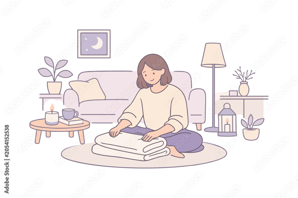 Obraz premium Woman cleaning cozy home in a quiet evening setting, sitting on the floor folding a light blanket neatly, minimalist flat vector