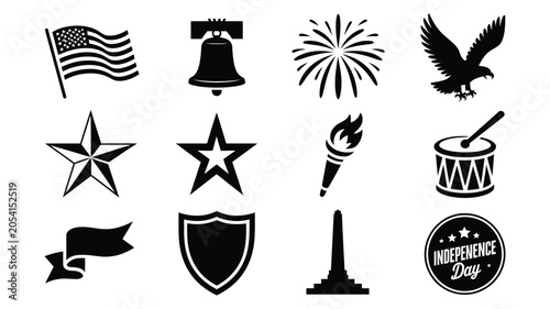 American holiday icons set showing star torch flag eagle and celebration text elements.