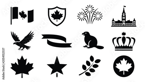 Canada symbols icon set - black and white vector collection of canadian national emblems.