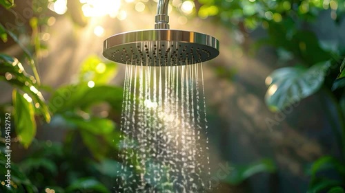 A metallic shower head releases water droplets. Sunlight streams through lush green foliage