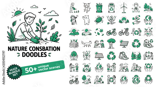 Set of 50 Nature Conservation Doodles Vector Icons isolated PNG with Transparent Background