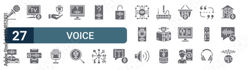 Fotografie Set of 27 filled Voice Technology icons including microphone, voice control, smart tv, voice message, interviewer