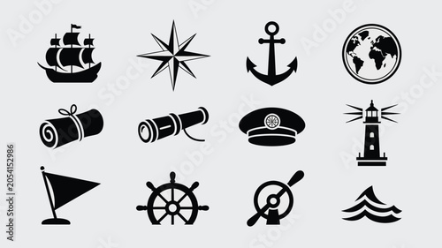 Photos Nautical icons set includes sailboat, compass rose, anchor, globe, scroll, spyglass, captain's hat, lighthouse, flag, ship's wheel, propeller, and waves