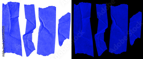 Blue masking tape strips set, wrinkled adhesive paper tape collection on white and black background, textured painter tape pieces for design mockups