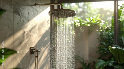 A modern shower with water pouring down, sunlight streams into a lush green outdoor space