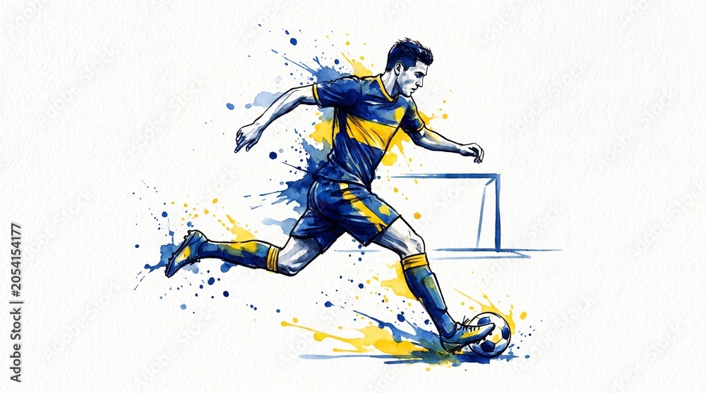 Naklejka premium A dynamic watercolor illustration of a soccer player in a blue and yellow kit dribbling a ball, featuring expressive paint splashes and artistic motion.