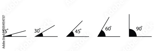 Angle Measurement Icon Set Vector, 15 30 45 60 90 Degree Rotation Symbols for Geometry,
 Design and Technical Illustration
