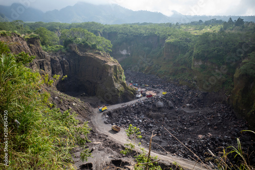 Sand and stone mining activities on Mount Merapi, Yogyakarta, Indonesia