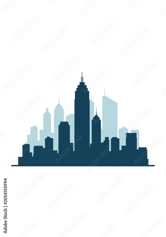 Fototapeta premium Silhouette of a modern city skyline featuring layered skyscrapers and high-rise buildings in shades of blue and teal, isolated on a white background for urban architectural use.