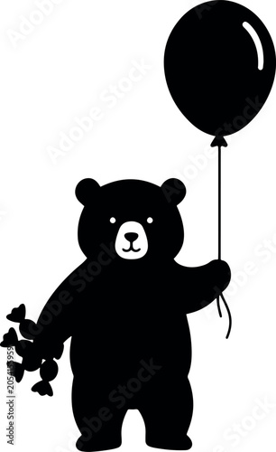 Cartoon Bear Holding Balloon and Flowers in Black and White