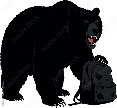 Angry Black Bear with Backpack Standing on White Background