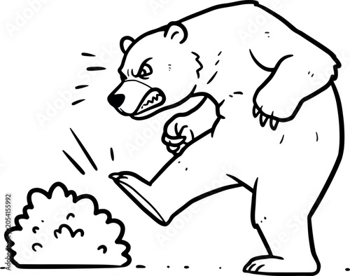 Angry Cartoon Bear Stomping Bush in Black and White Illustration