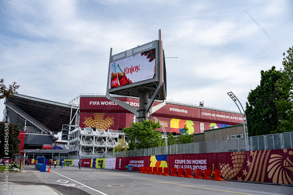 Naklejka premium View of BMO Field Toronto Stadium decorated for FIFA World Cup 2026. Toronto, Canada - June 9, 2026.