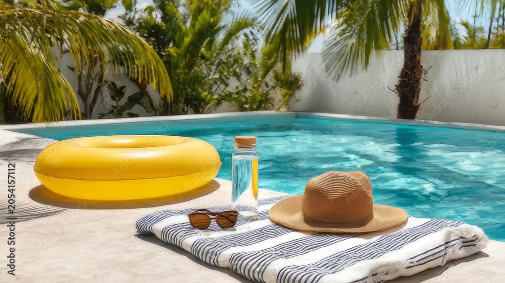 Obraz premium Swimming pool with a Yellow Pool Float and Straw Hat and essentials