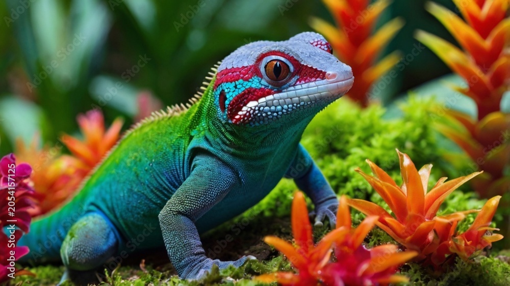 Obraz premium Peacock day gecko hidden among colorful bromeliad plants, ai