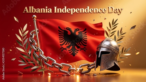 Albania independence day greeting card with national red flag broken chains and ancient warrior helmet under golden light 3d