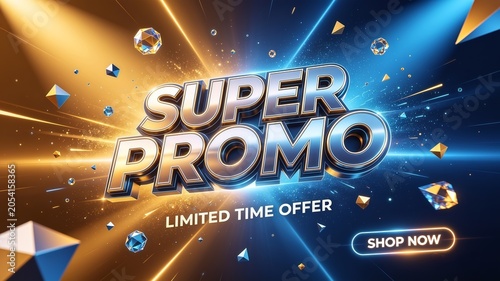 Super promo limited time offer shopping banner with bold metallic letters and glowing golden blue geometric crystal background 3d