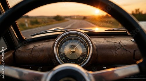 Vintage car dashboard and steering wheel at sunset, cracked leather interior, open road ahead.