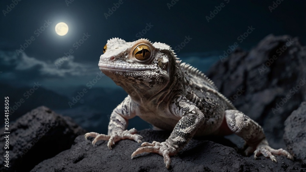 Fototapeta premium Rare gargoyle gecko perched on volcanic rock under moonlight, ai